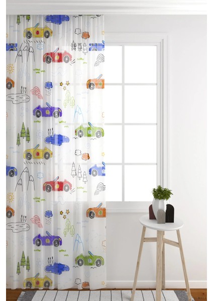 Tül Perde Renkli Yarış Arabaları Çocuk Odası Tül Perde Seyrek Pile (1x2)