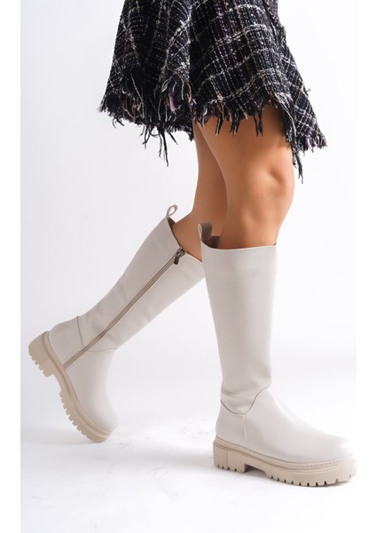 Mıra Bağcıksız Fermuarlı Ortopedik Taban Kadın Çizme Ckt - Krem