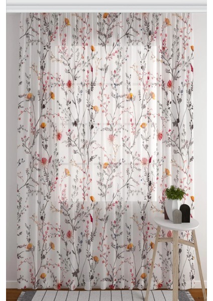 Tül Perde Beyaz Zemin Renkli Çiçekler ve Dallar Salon & Oturma Odası Tül Perde Seyrek Pile (1 x 2) fiyatları