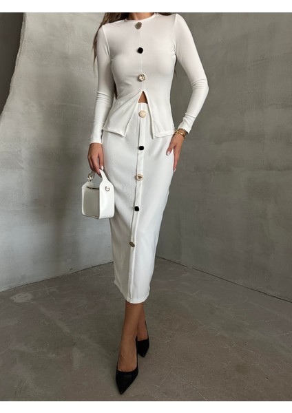 Önden Düğmeli Triko Etek Ekru fiyatları