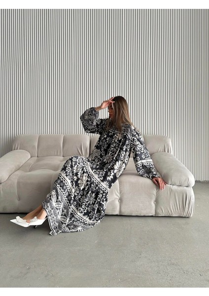 Yakası Ipli Salaş Desenli Viskon Elbise Antrasit fiyatları