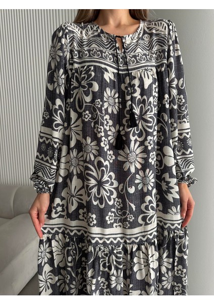 Yakası Ipli Salaş Desenli Viskon Elbise Antrasit modelleri