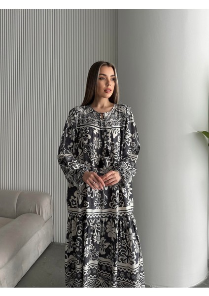 Yakası Ipli Salaş Desenli Viskon Elbise Antrasit fırsatları