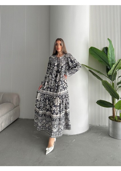 Yakası Ipli Salaş Desenli Viskon Elbise Antrasit indirimleri