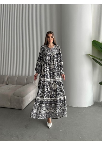 Yakası Ipli Salaş Desenli Viskon Elbise Antrasit
