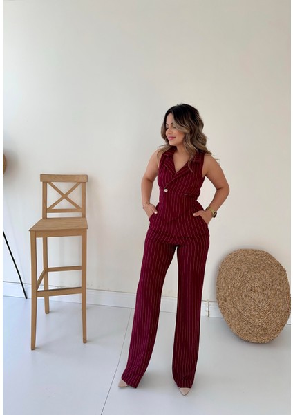 Kruvaze Tasarım Çizgili Tulum Bordo fiyatları