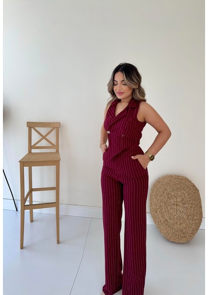 Kruvaze Tasarım Çizgili Tulum Bordo modelleri