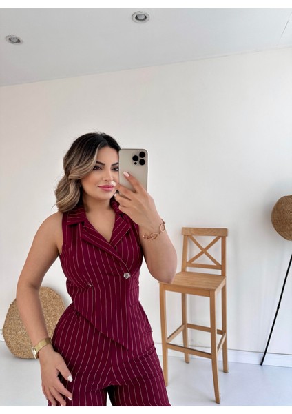 Kruvaze Tasarım Çizgili Tulum Bordo fırsatları