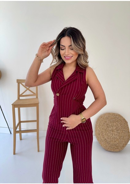 Kruvaze Tasarım Çizgili Tulum Bordo indirimleri