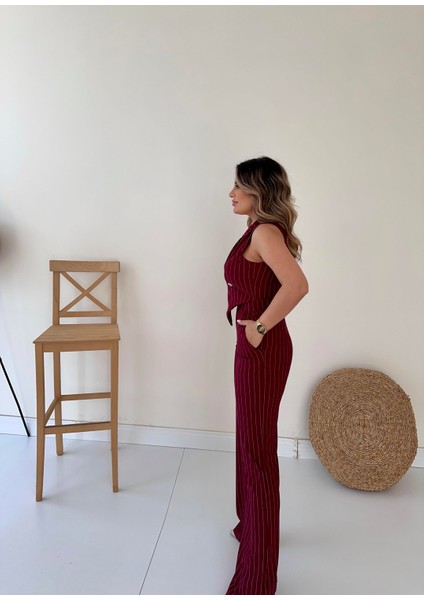 Kruvaze Tasarım Çizgili Tulum Bordo