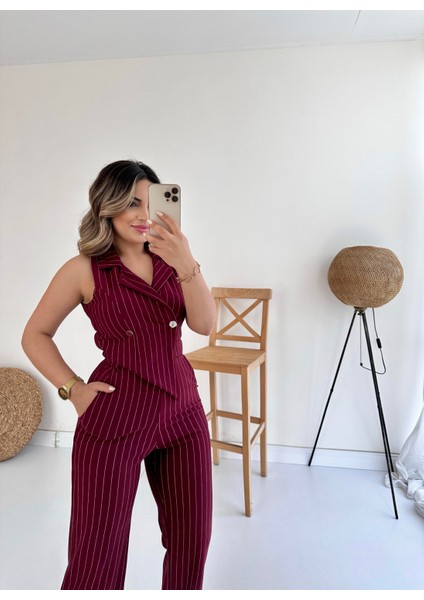 Kruvaze Tasarım Çizgili Tulum Bordo