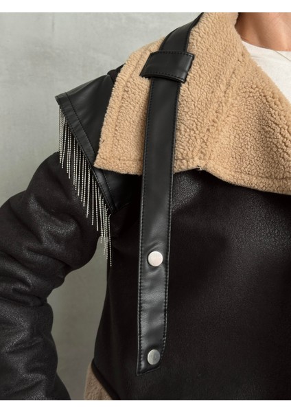 Peluşlu Zincir Detaylı Deri Mont Camel fiyatları