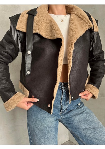 Peluşlu Zincir Detaylı Deri Mont Camel fırsatları