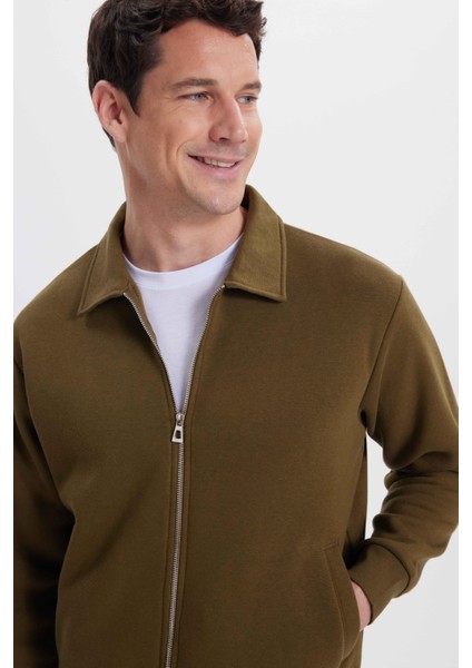 Unisex Relax Fit Rahat Kesim Pamuklu Içi Polarlı Fermuarlı Yeşil Polo Yaka Flato Cepli Sweatshirt Hırka