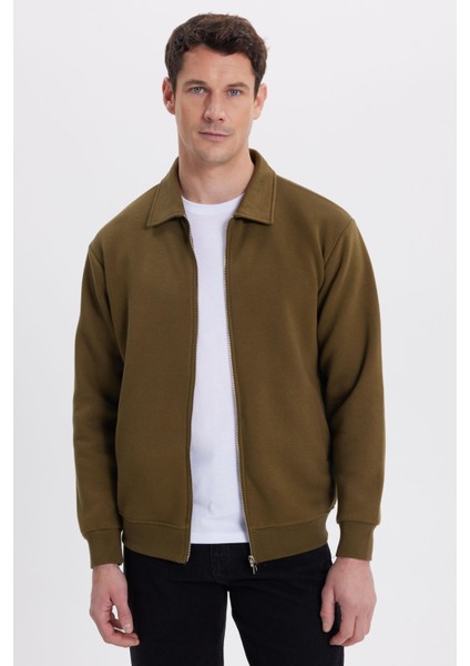 Unisex Relax Fit Rahat Kesim Pamuklu Içi Polarlı Fermuarlı Yeşil Polo Yaka Flato Cepli Sweatshirt Hırka fiyatları