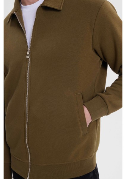 Unisex Relax Fit Rahat Kesim Pamuklu Içi Polarlı Fermuarlı Yeşil Polo Yaka Flato Cepli Sweatshirt Hırka modelleri