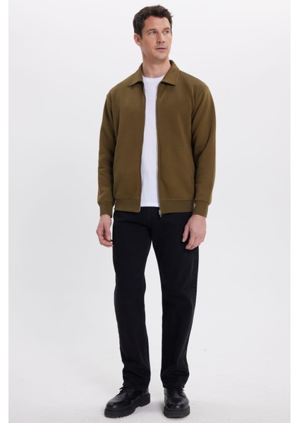 Unisex Relax Fit Rahat Kesim Pamuklu Içi Polarlı Fermuarlı Yeşil Polo Yaka Flato Cepli Sweatshirt Hırka fırsatları