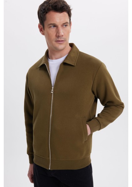 Unisex Relax Fit Rahat Kesim Pamuklu Içi Polarlı Fermuarlı Yeşil Polo Yaka Flato Cepli Sweatshirt Hırka