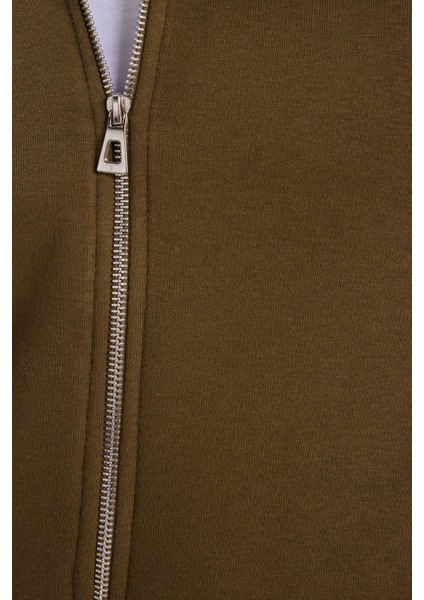 Unisex Relax Fit Rahat Kesim Pamuklu Içi Polarlı Fermuarlı Yeşil Polo Yaka Flato Cepli Sweatshirt Hırka