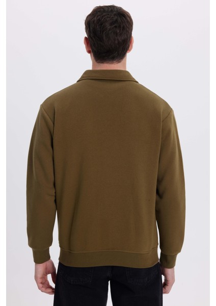 Unisex Relax Fit Rahat Kesim Pamuklu Içi Polarlı Fermuarlı Yeşil Polo Yaka Flato Cepli Sweatshirt Hırka