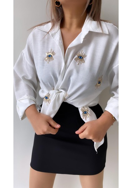 Göz Nakışlı Keten Gömlek Ekru modelleri