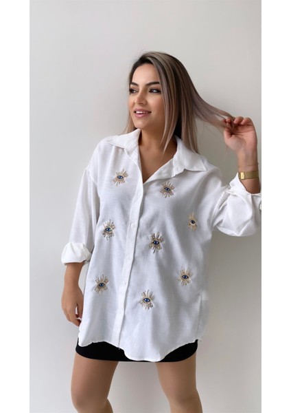 Göz Nakışlı Keten Gömlek Ekru fırsatları
