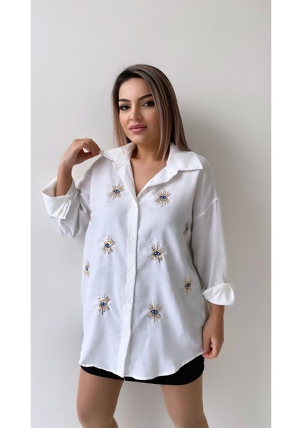 Göz Nakışlı Keten Gömlek Ekru indirimleri