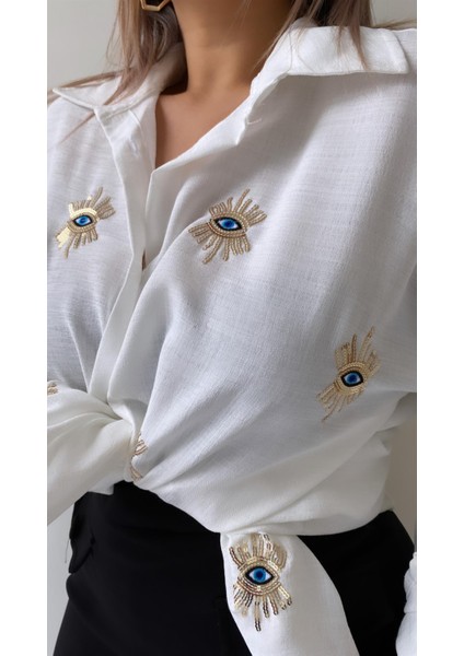 Göz Nakışlı Keten Gömlek Ekru