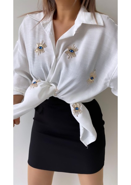 Göz Nakışlı Keten Gömlek Ekru