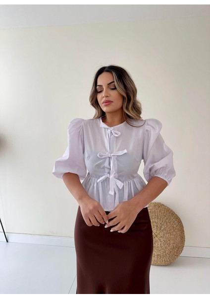 Bağlama Detaylı Poplin Gömlek Ekru