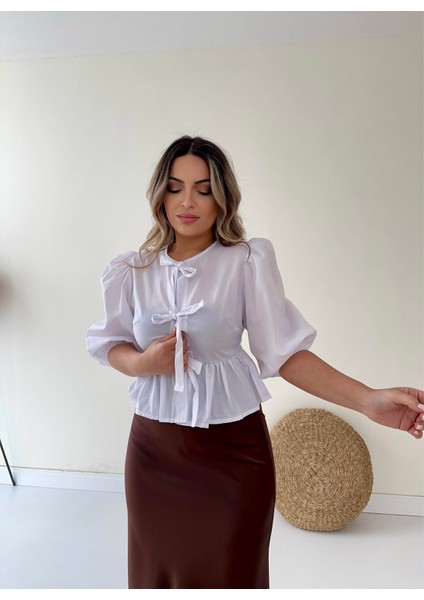 Bağlama Detaylı Poplin Gömlek Ekru