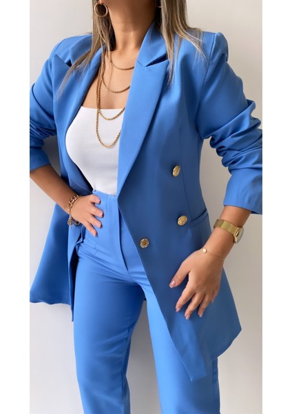 Uzun Gold Düğmeli Blazer Ceket Bebe Mavi