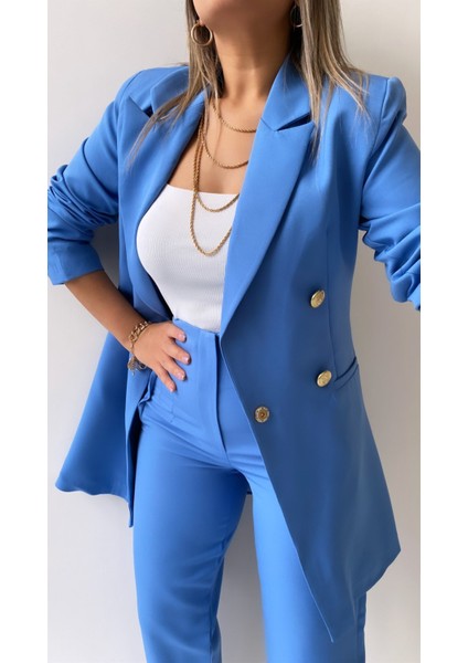 Uzun Gold Düğmeli Blazer Ceket Bebe Mavi modelleri