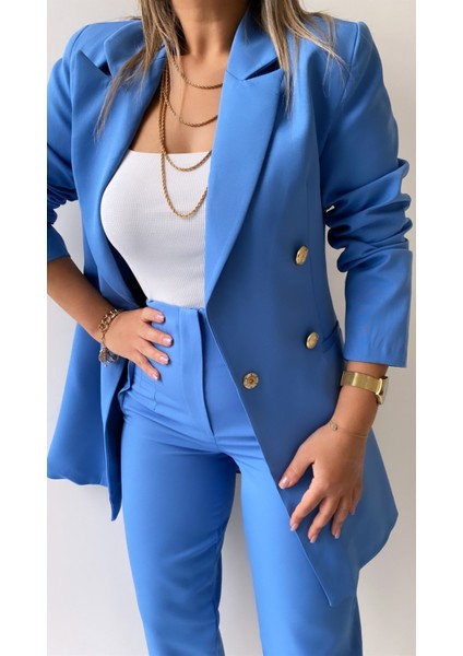 Uzun Gold Düğmeli Blazer Ceket Bebe Mavi indirimleri