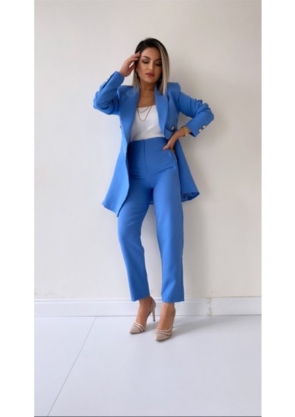 Uzun Gold Düğmeli Blazer Ceket Bebe Mavi