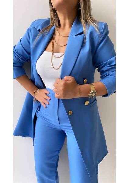 Uzun Gold Düğmeli Blazer Ceket Bebe Mavi