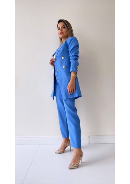 Uzun Gold Düğmeli Blazer Ceket Bebe Mavi