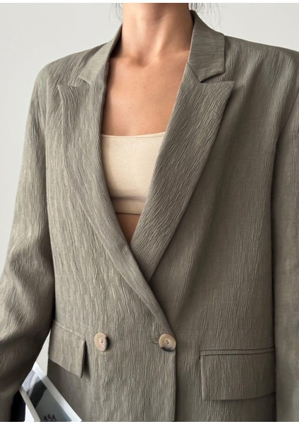 Pliseli Çift Düğme Oversize Ceket Haki modelleri