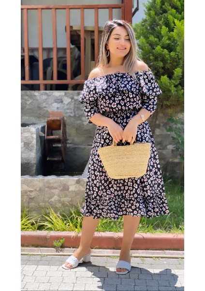 Madonna Yaka Gipeli Elbise Siyah