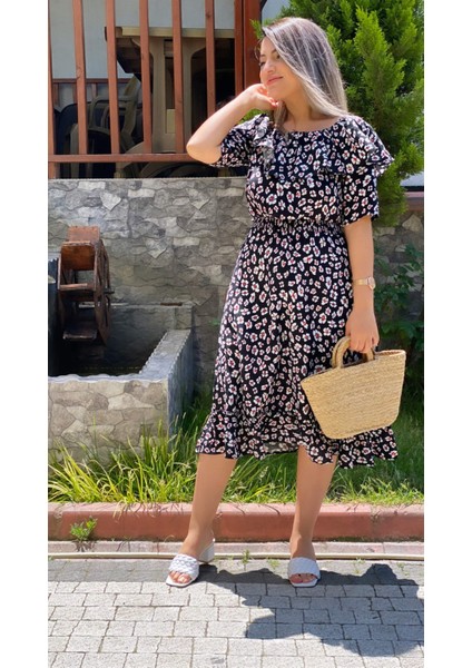 Madonna Yaka Gipeli Elbise Siyah