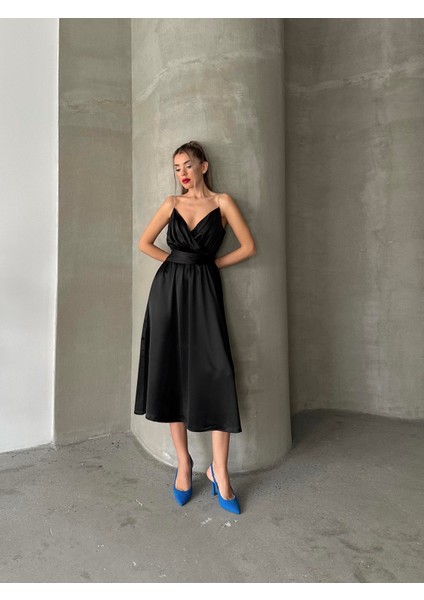 Taş Askılı Kuşaklı Tasarım Saten Elbise Siyah