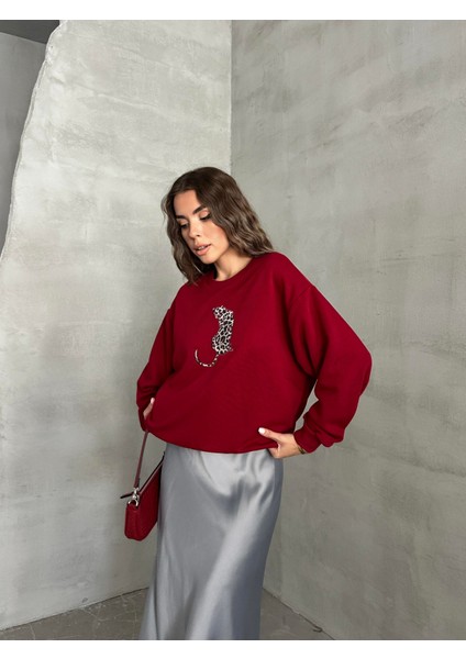 Leopar Baskılı Sweat Bordo fırsatları