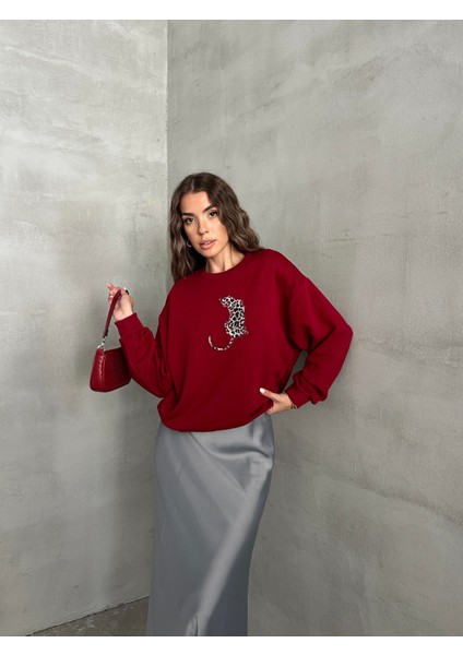 Leopar Baskılı Sweat Bordo indirimleri