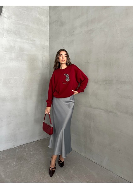 Leopar Baskılı Sweat Bordo