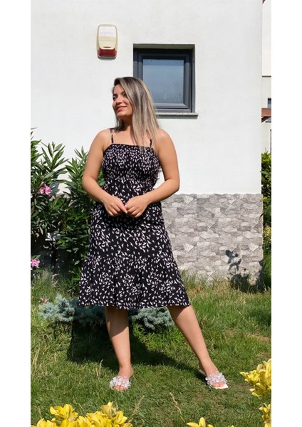Askılı Kuş Desenli Viskon Elbise Siyah modelleri
