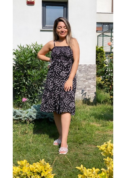 Askılı Kuş Desenli Viskon Elbise Siyah