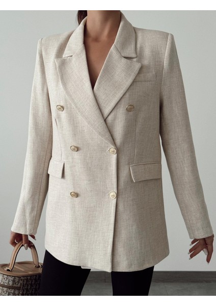 Pamuk Keten Kruvaze Oversize Ceket Taş modelleri