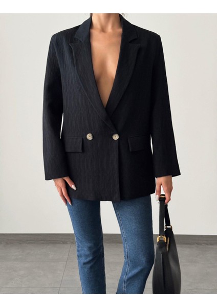 Pliseli Çift Düğme Oversize Ceket Siyah