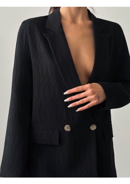 Pliseli Çift Düğme Oversize Ceket Siyah fiyatları