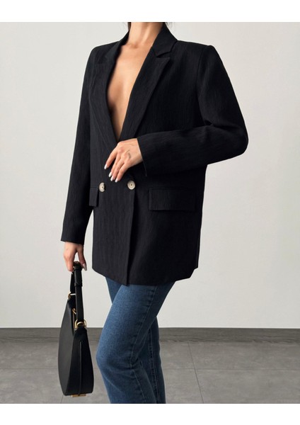 Pliseli Çift Düğme Oversize Ceket Siyah modelleri